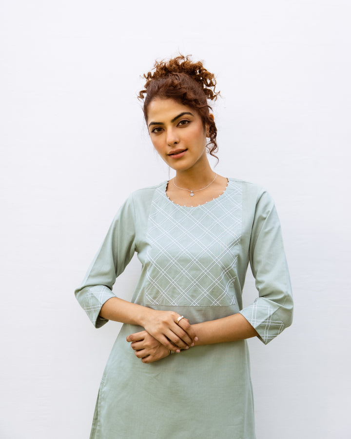 Pastel Green Cotton Linen Round Neck Kurta With Pant Set For Women's