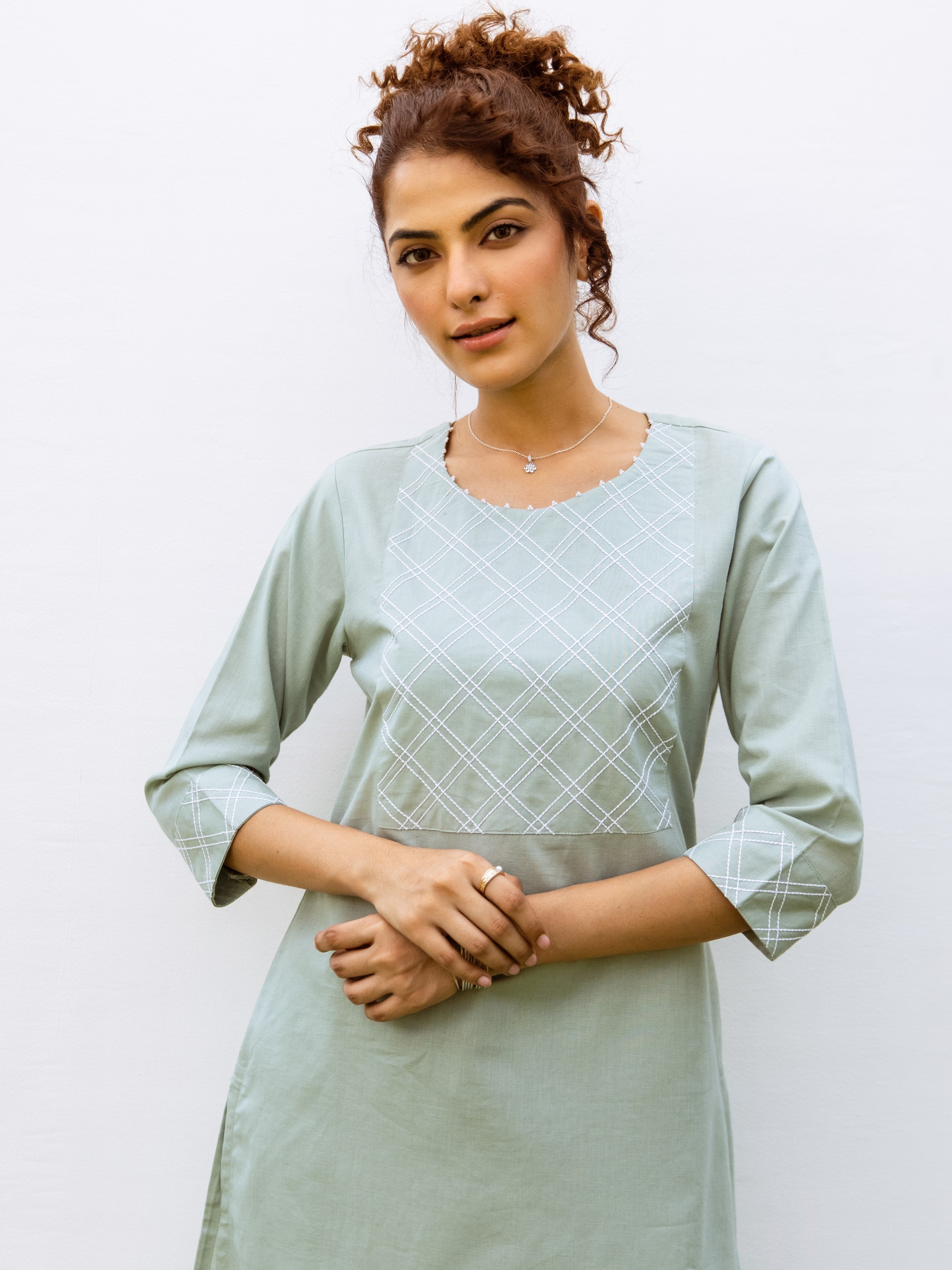 Pastel Green Cotton Linen Round Neck Kurta With Pant Set For Women's