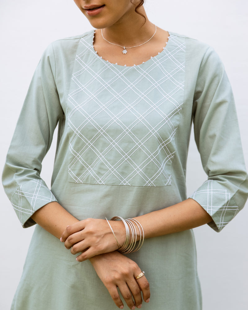 Pastel Green Cotton Linen Round Neck Kurta With Pant Set For Women's