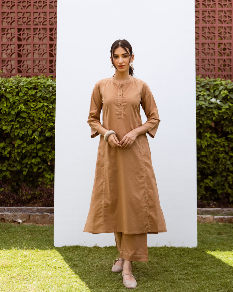 Mud Brown Linen Kurta Pant Set For Women's