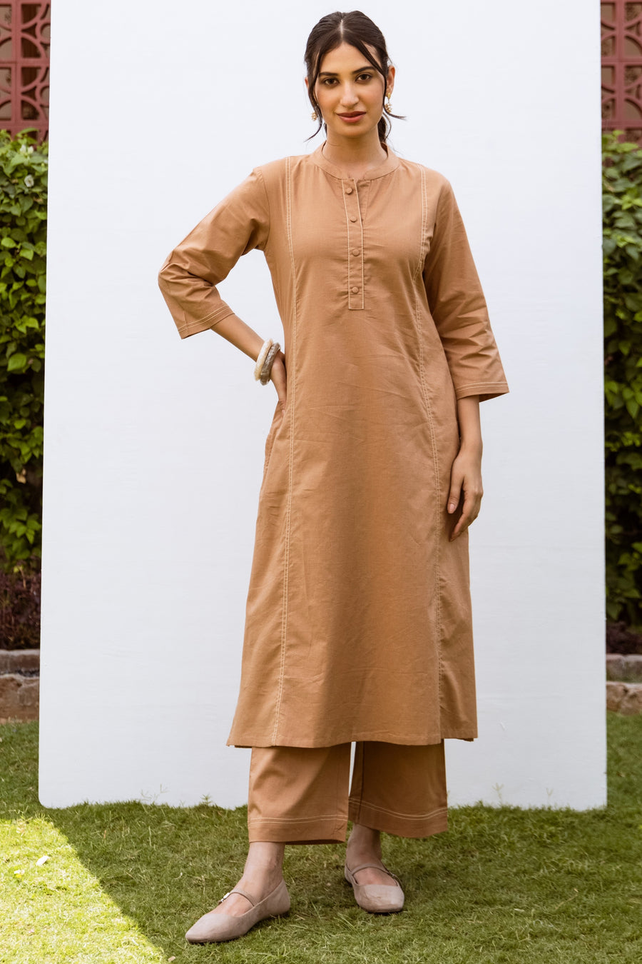 Mud Brown Linen Kurta Pant Set For Women's
