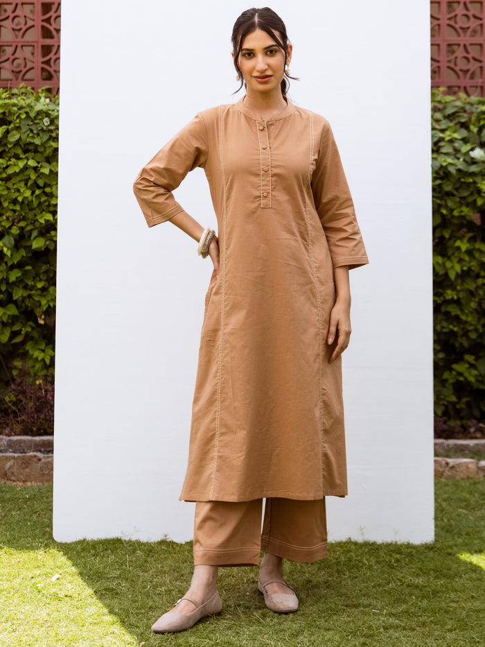 Mud Brown Linen Kurta Pant Set For Women's