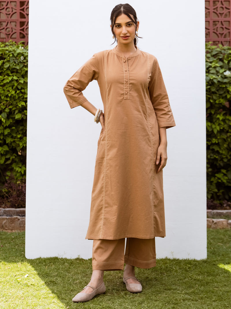 Mud Brown Linen Kurta Pant Set For Women's