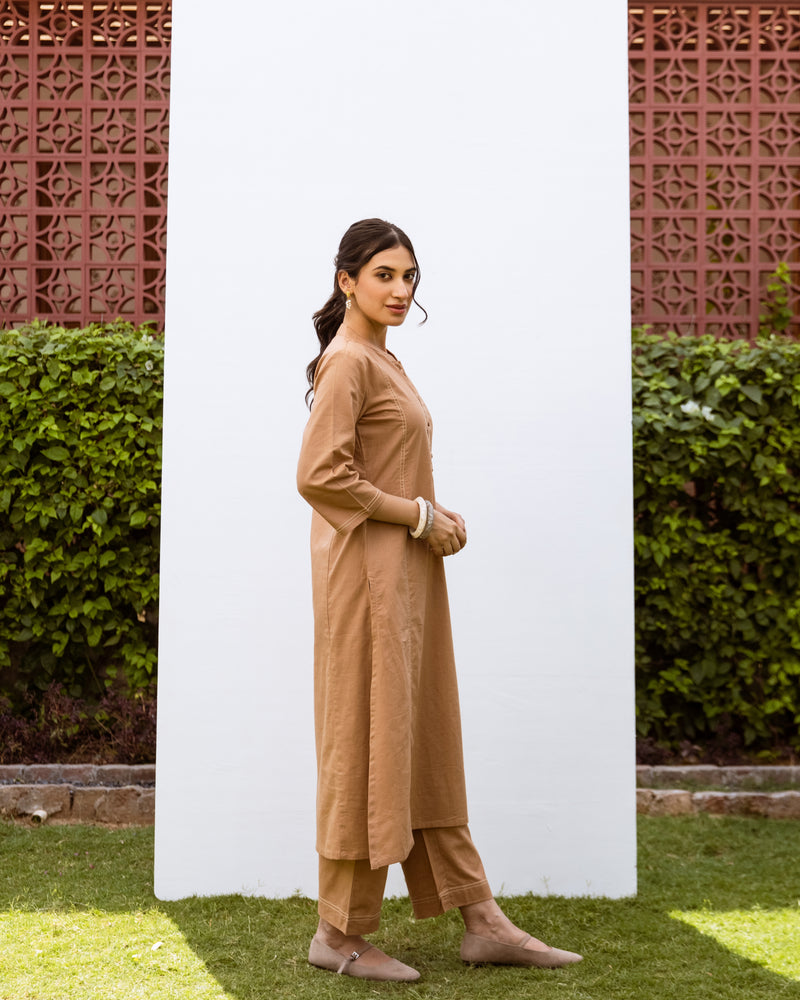 Mud Brown Linen Kurta Pant Set For Women's