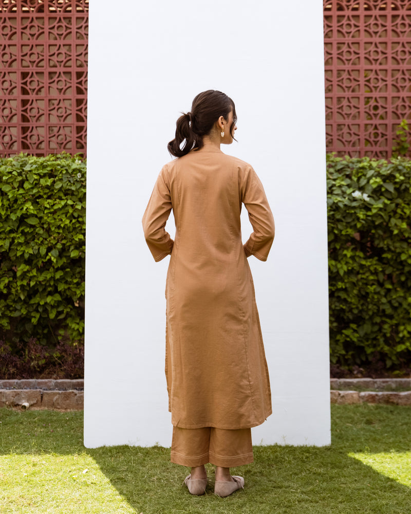Mud Brown Linen Kurta Pant Set For Women's