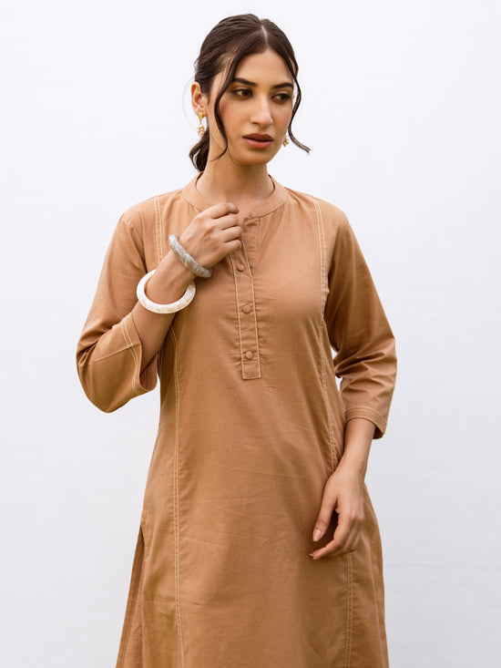 Mud Brown Linen Kurta Pant Set For Women's