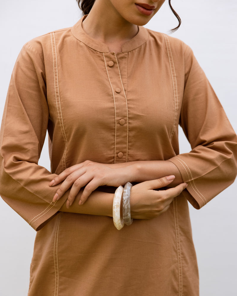 Mud Brown Linen Kurta Pant Set For Women's
