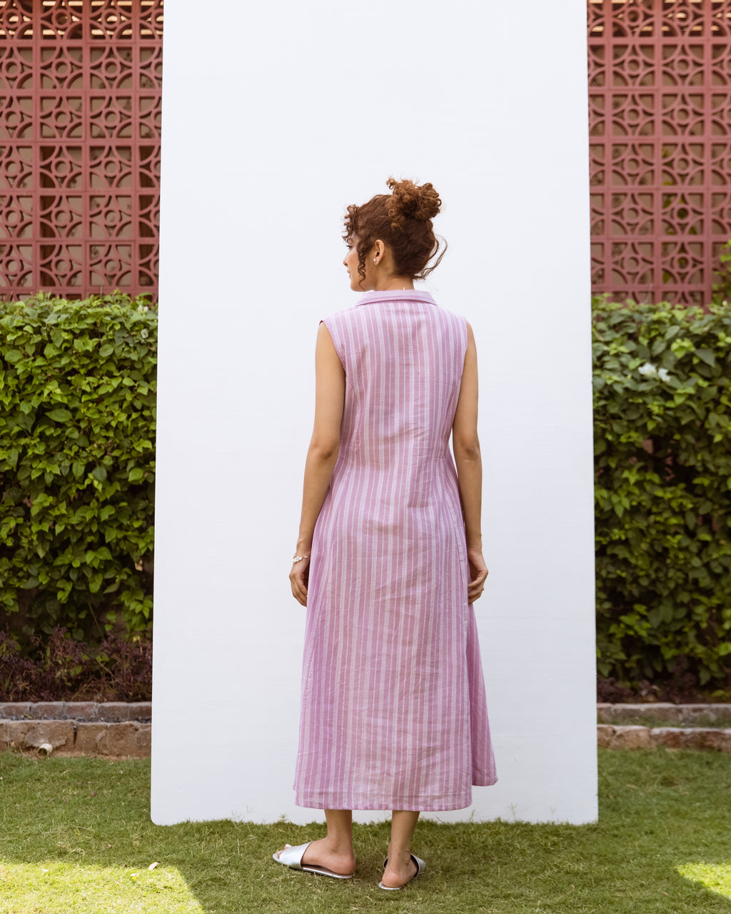 Lilac Cotton Handloom Collar Neck Dress For Women's