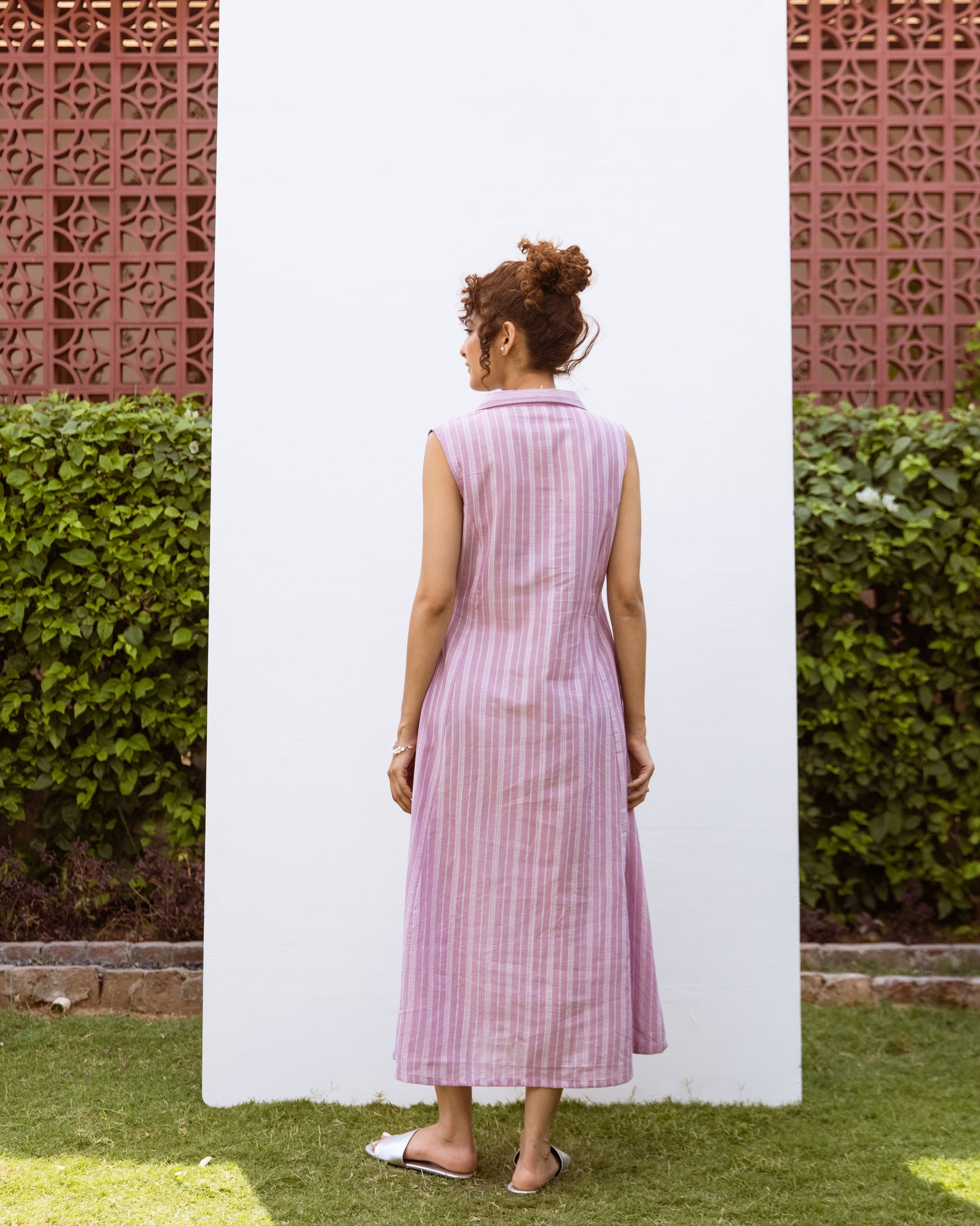 Lilac Cotton Handloom Collar Neck Dress For Women's
