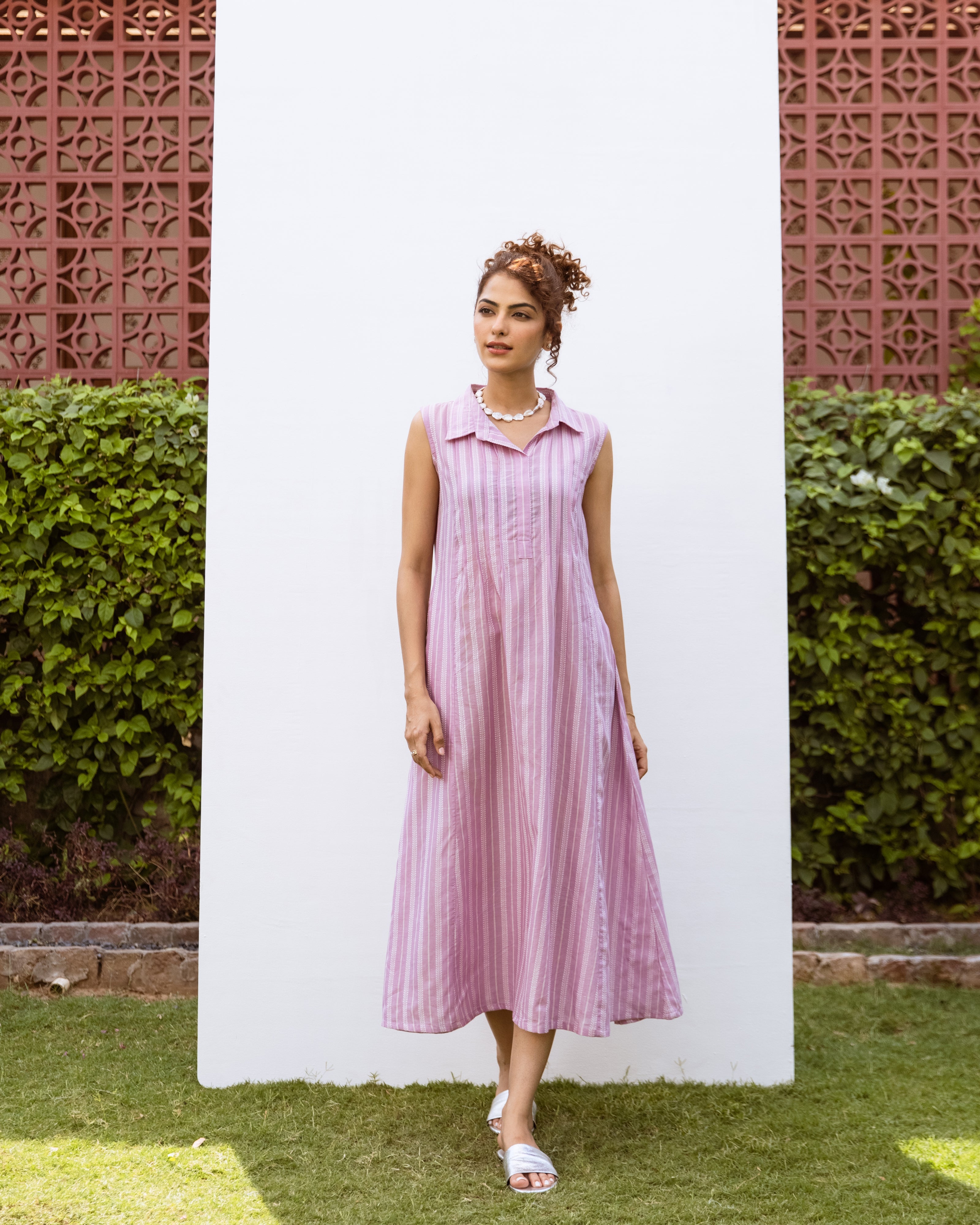 Lilac Cotton Handloom Collar Neck Dress For Women's