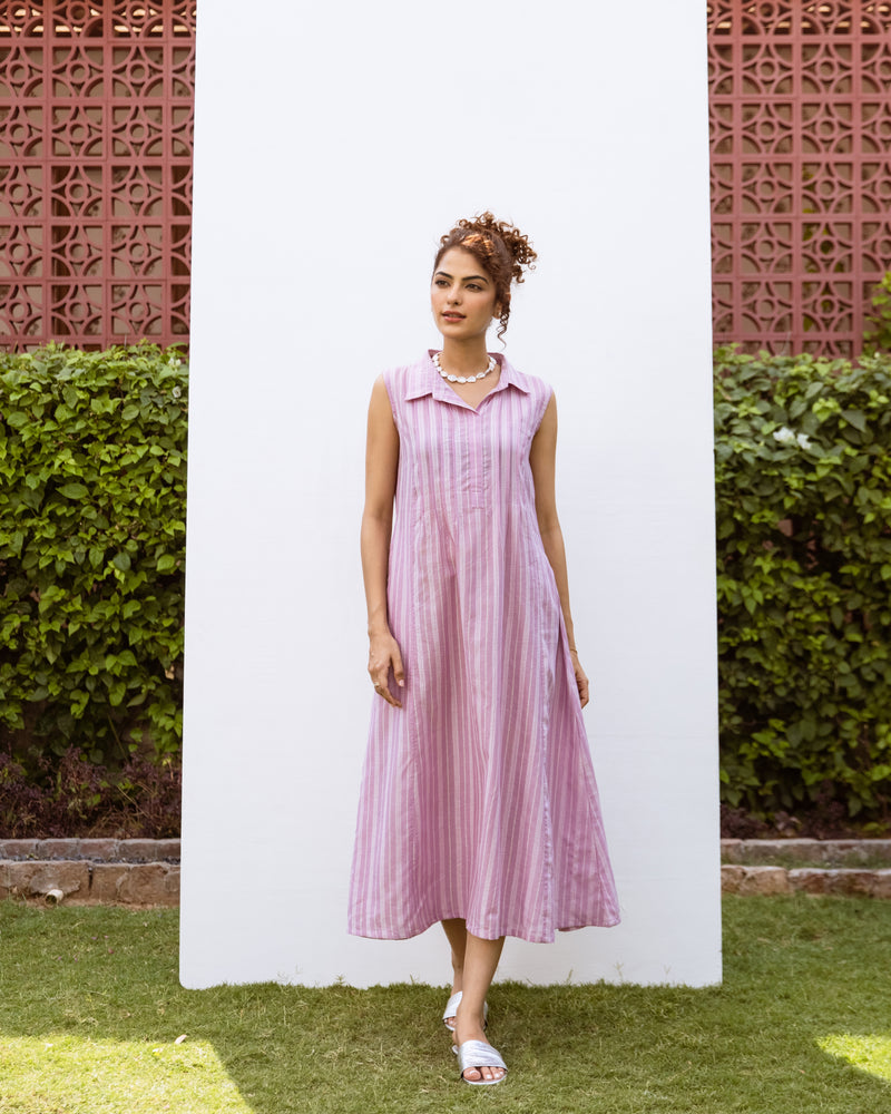 Lilac Cotton Handloom Collar Neck Dress For Women's