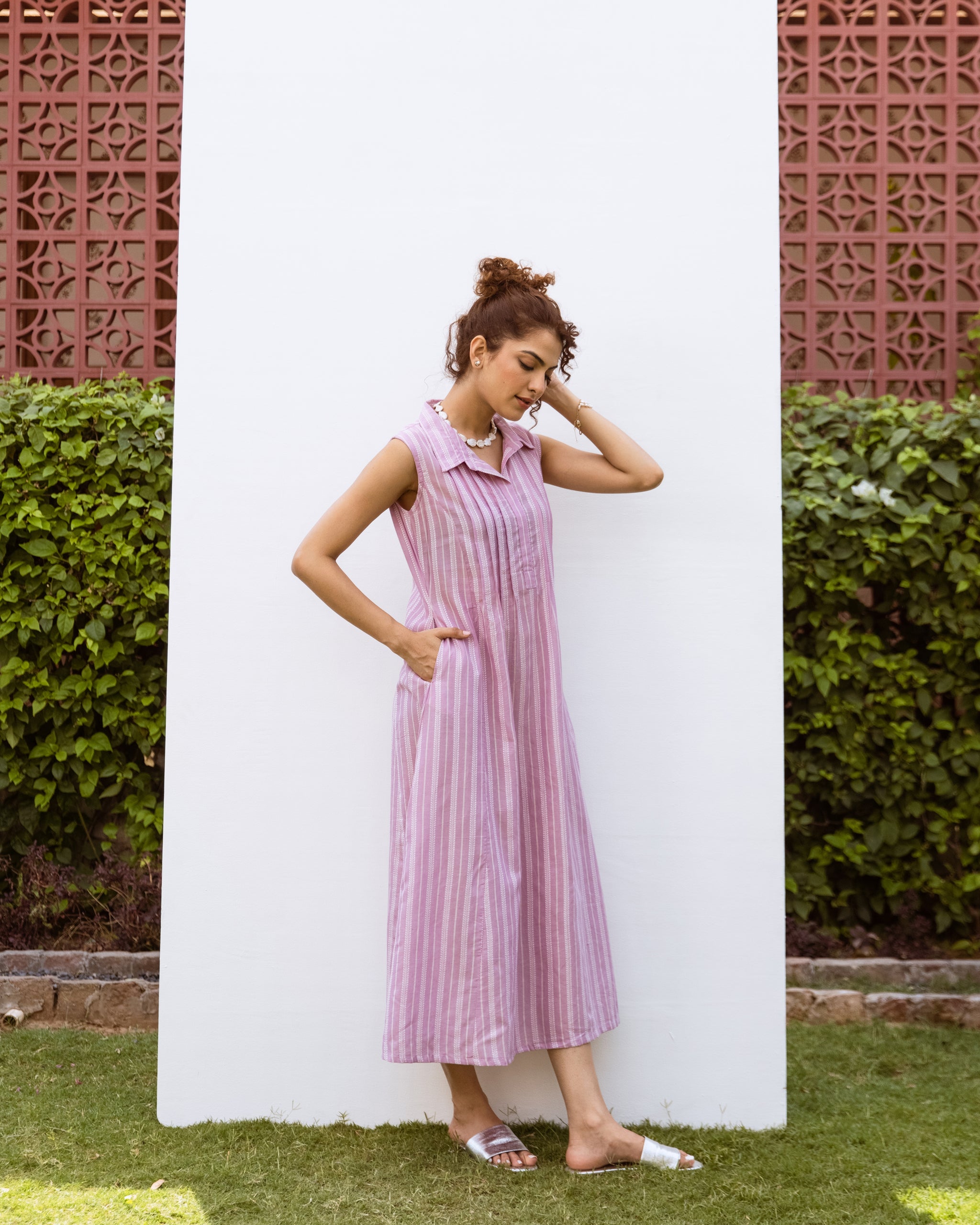 Lilac Cotton Handloom Collar Neck Dress For Women's