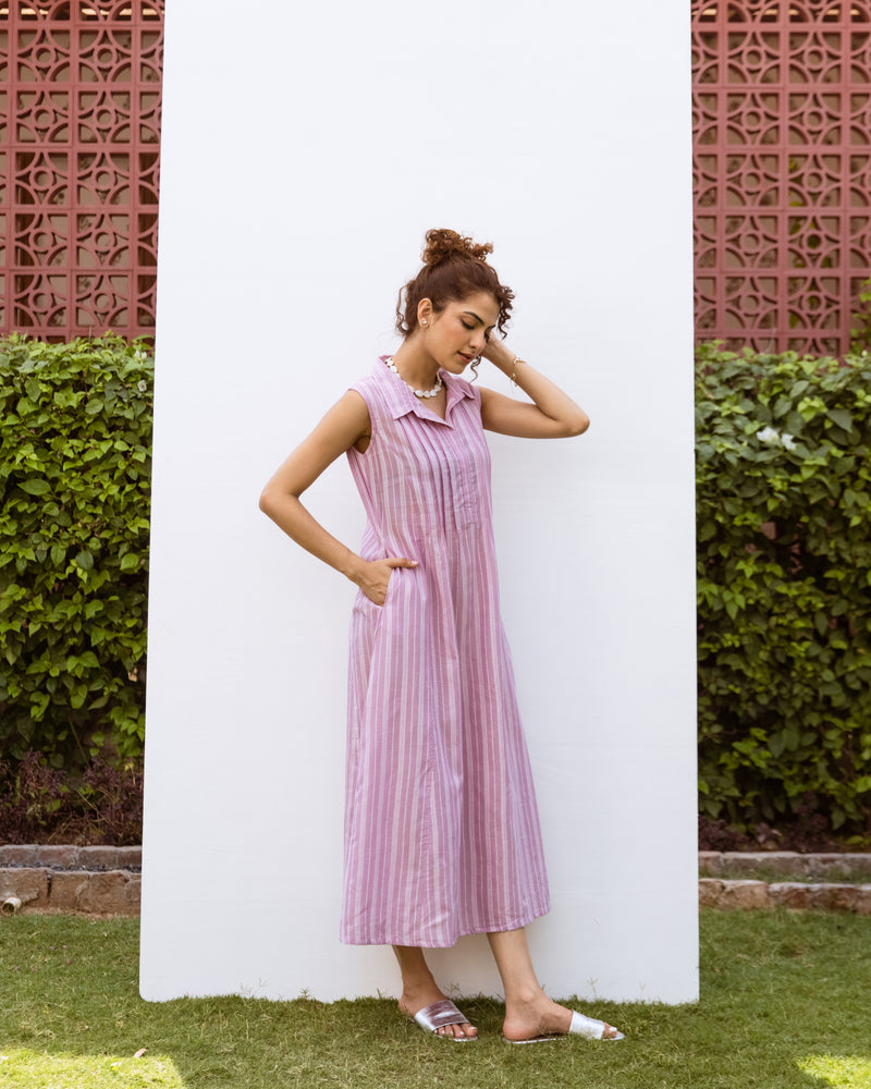 Lilac Cotton Handloom Collar Neck Dress For Women's