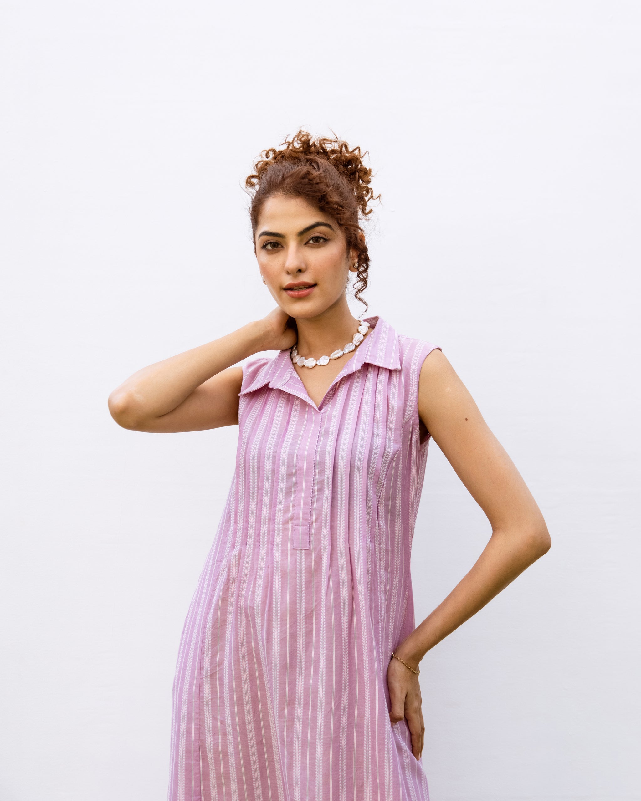 Lilac Cotton Handloom Collar Neck Dress For Women's