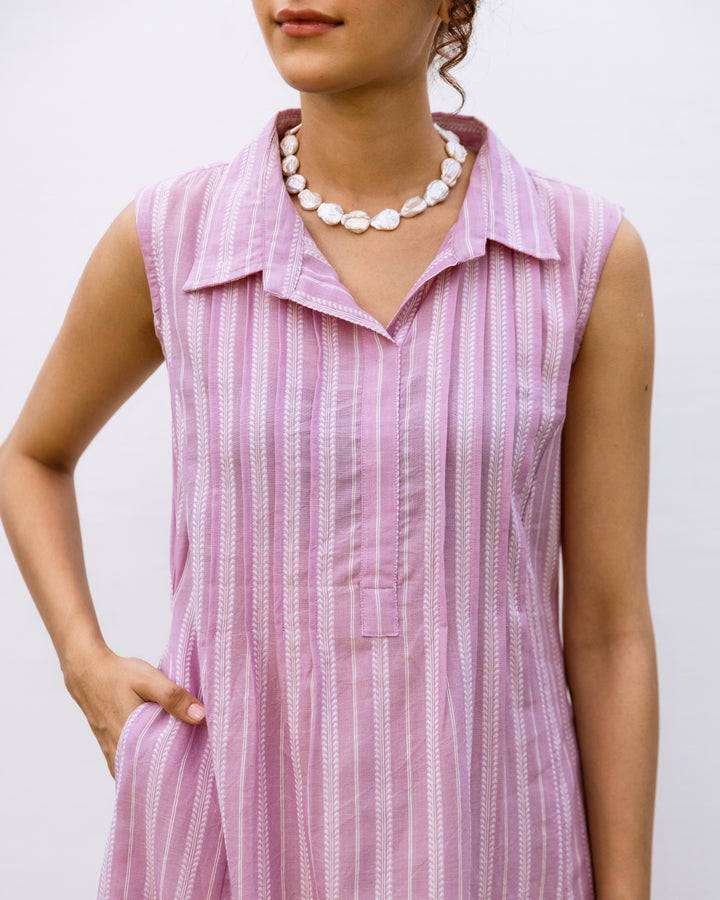 Lilac Cotton Handloom Collar Neck Dress For Women's