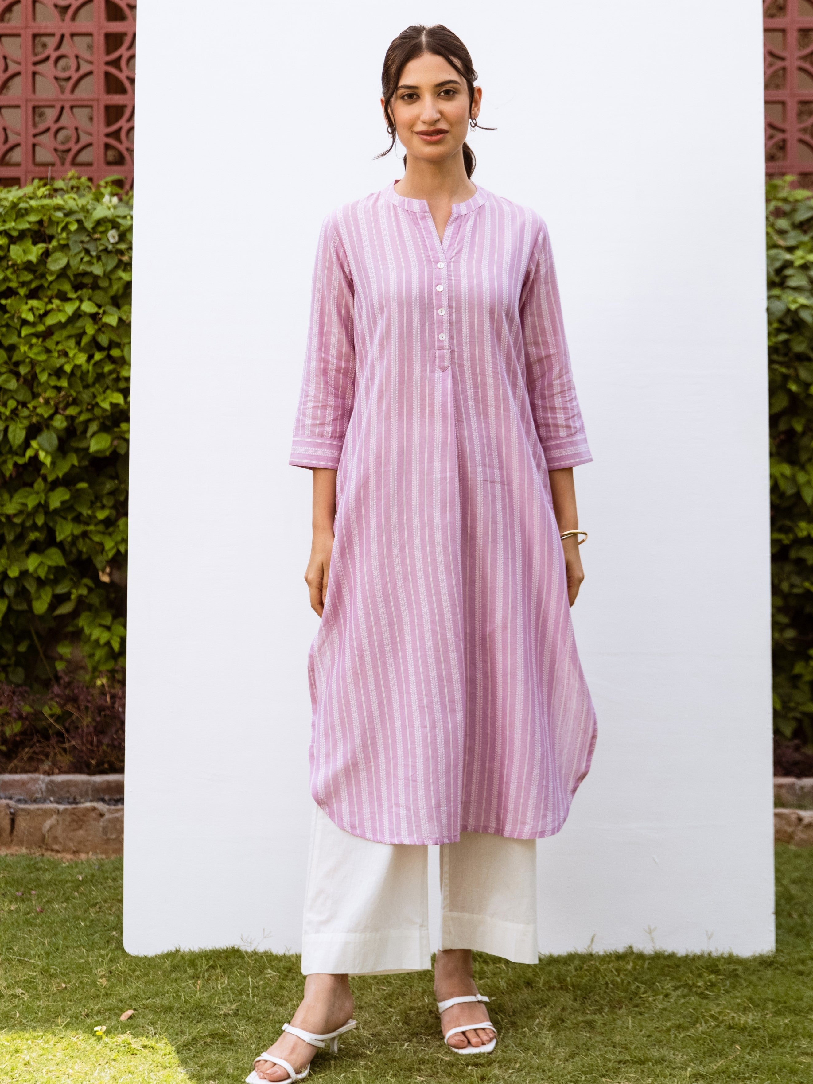 Lavender and White Stripes South Handloom Mandarin Collar Kurta For Women's