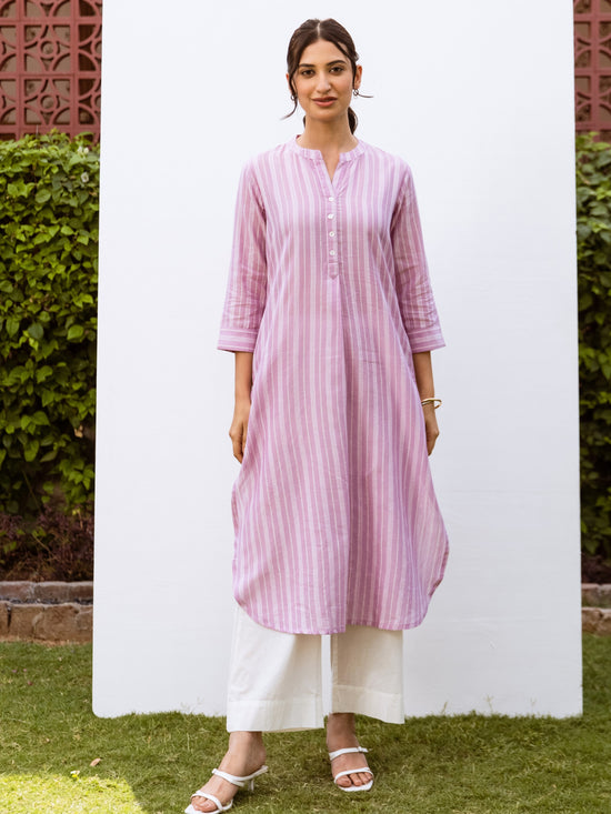 Lavender and White Stripes South Handloom Mandarin Collar Kurta For Women's