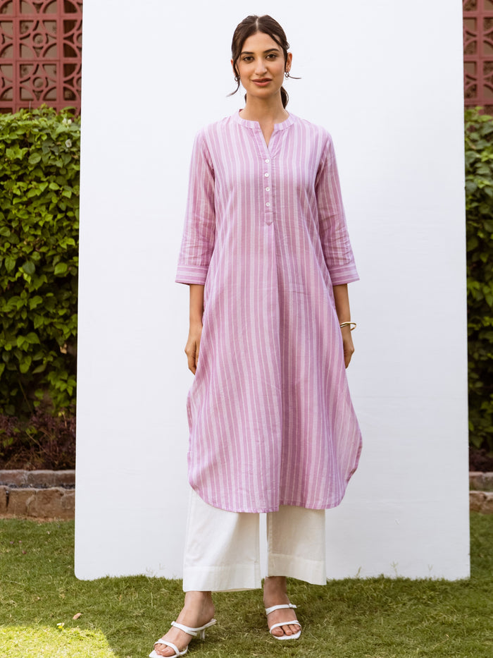 Lavender and White Stripes South Handloom Mandarin Collar Kurta For Women's