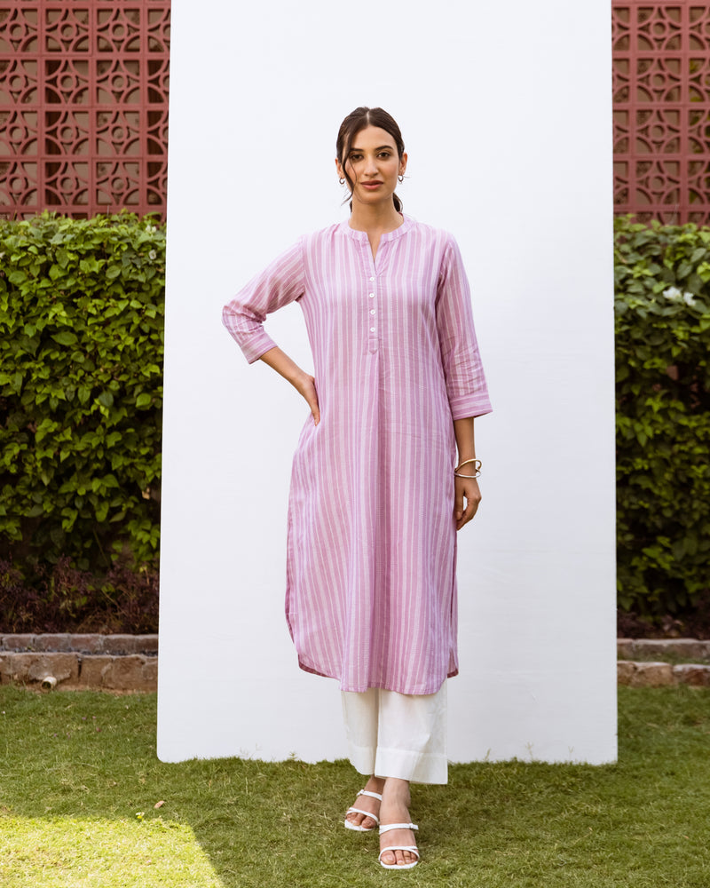 Lavender and White Stripes South Handloom Mandarin Collar Kurta For Women's