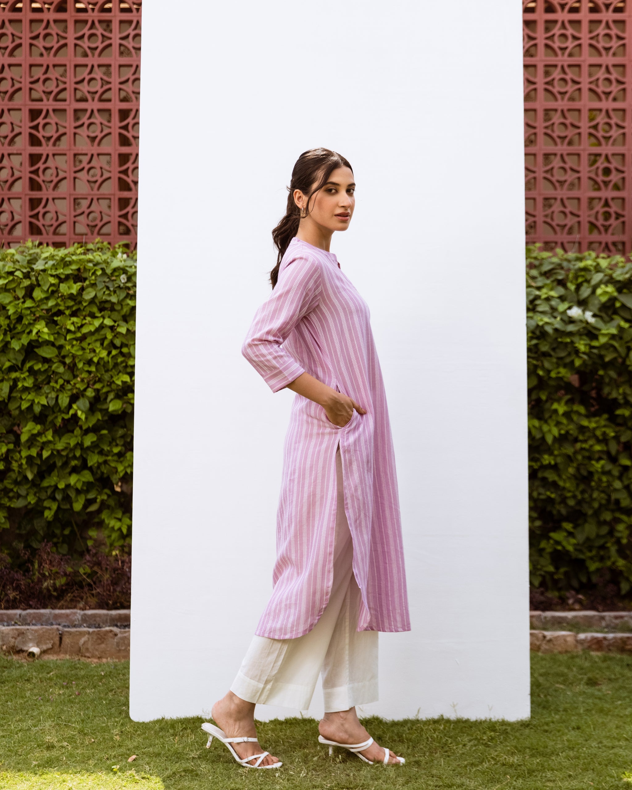 Lavender and White Stripes South Handloom Mandarin Collar Kurta For Women's
