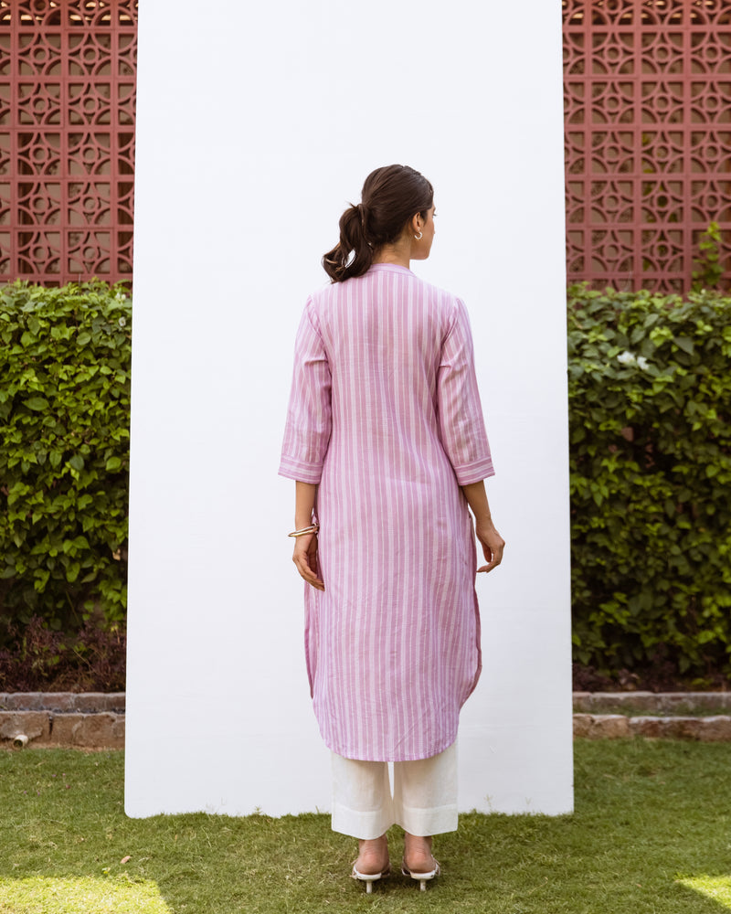 Lavender and White Stripes South Handloom Mandarin Collar Kurta For Women's