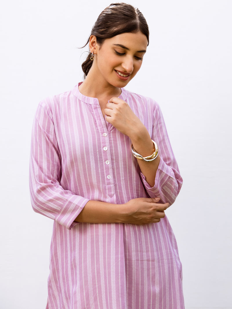 Lavender and White Stripes South Handloom Mandarin Collar Kurta For Women's