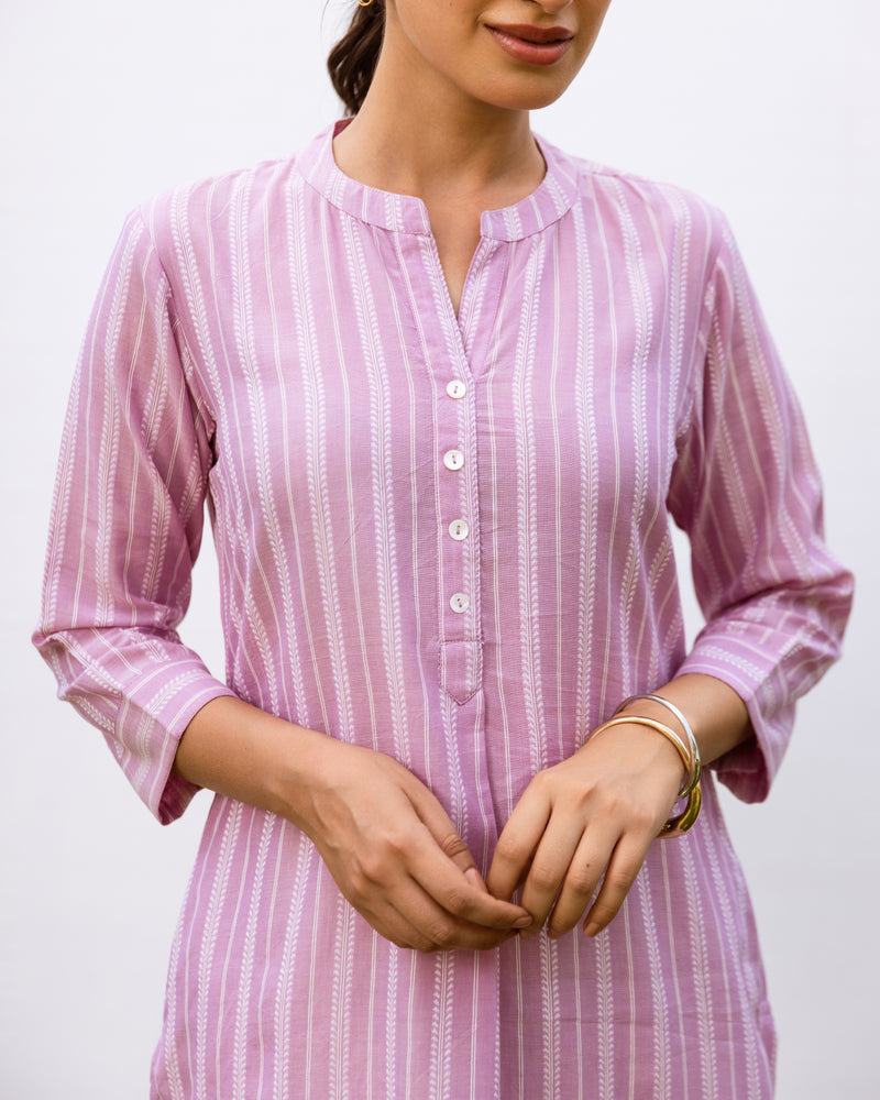 Lavender and White Stripes South Handloom Mandarin Collar Kurta For Women's