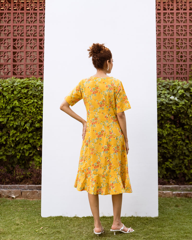 Yellow Cotton Round Neck Floral Handblock Print Dress For Women's