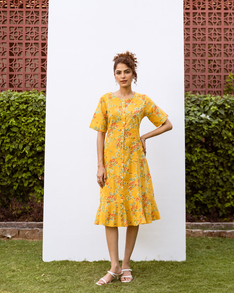 Yellow Cotton Round Neck Floral Handblock Print Dress For Women's