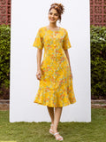 Yellow Cotton Round Neck Floral Handblock Print Dress For Women's