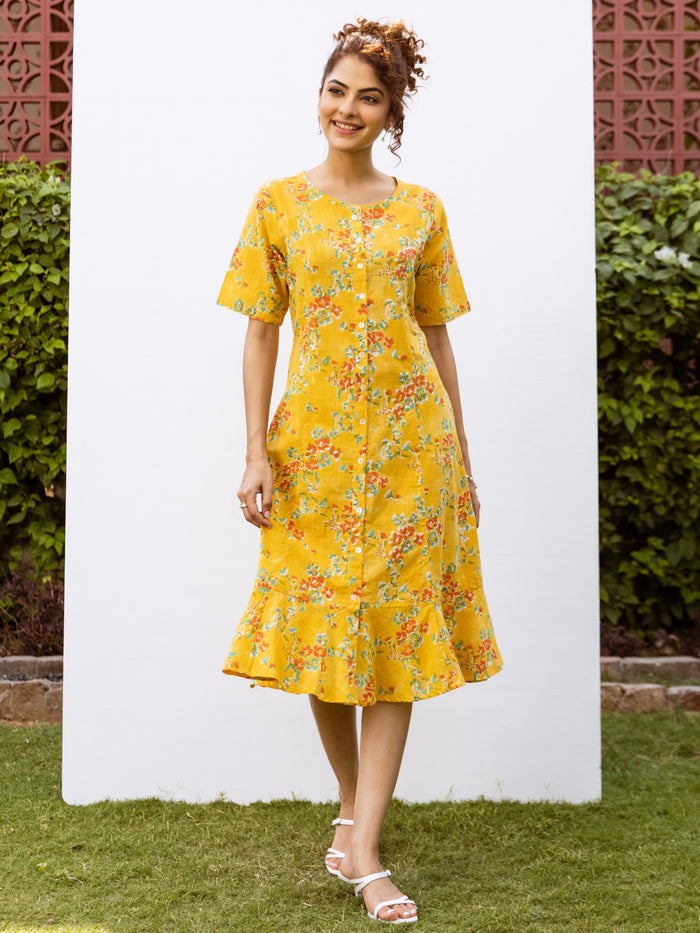 Yellow Cotton Round Neck Floral Handblock Print Dress For Women's