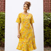 Yellow Cotton Round Neck Floral Handblock Print Dress For Women's