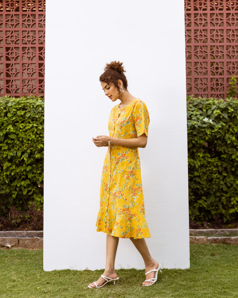 Yellow Cotton Round Neck Floral Handblock Print Dress For Women's
