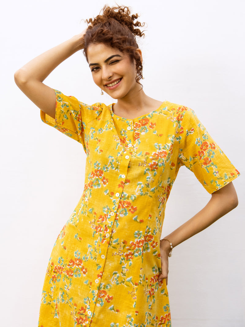 Yellow Cotton Round Neck Floral Handblock Print Dress For Women's
