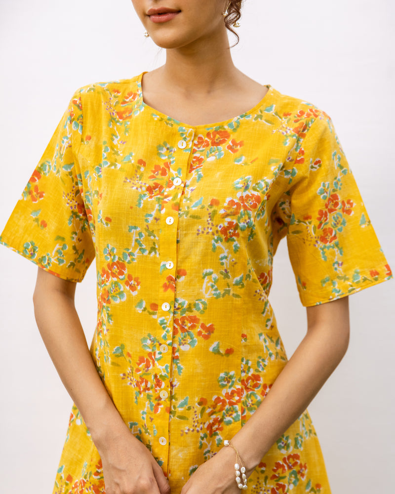 Yellow Cotton Round Neck Floral Handblock Print Dress For Women's