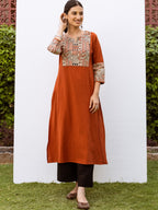 Rust Cotton Flax Round With V-Neck Kurta For Women's