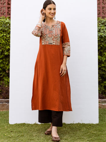 Rust Cotton Flax Round With V-Neck Kurta For Women's