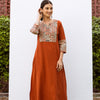 Rust Cotton Flax Round With V-Neck Kurta For Women's