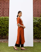 Rust Cotton Flax Round With V-Neck Kurta For Women's
