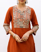 Rust Cotton Flax Round With V-Neck Kurta For Women's