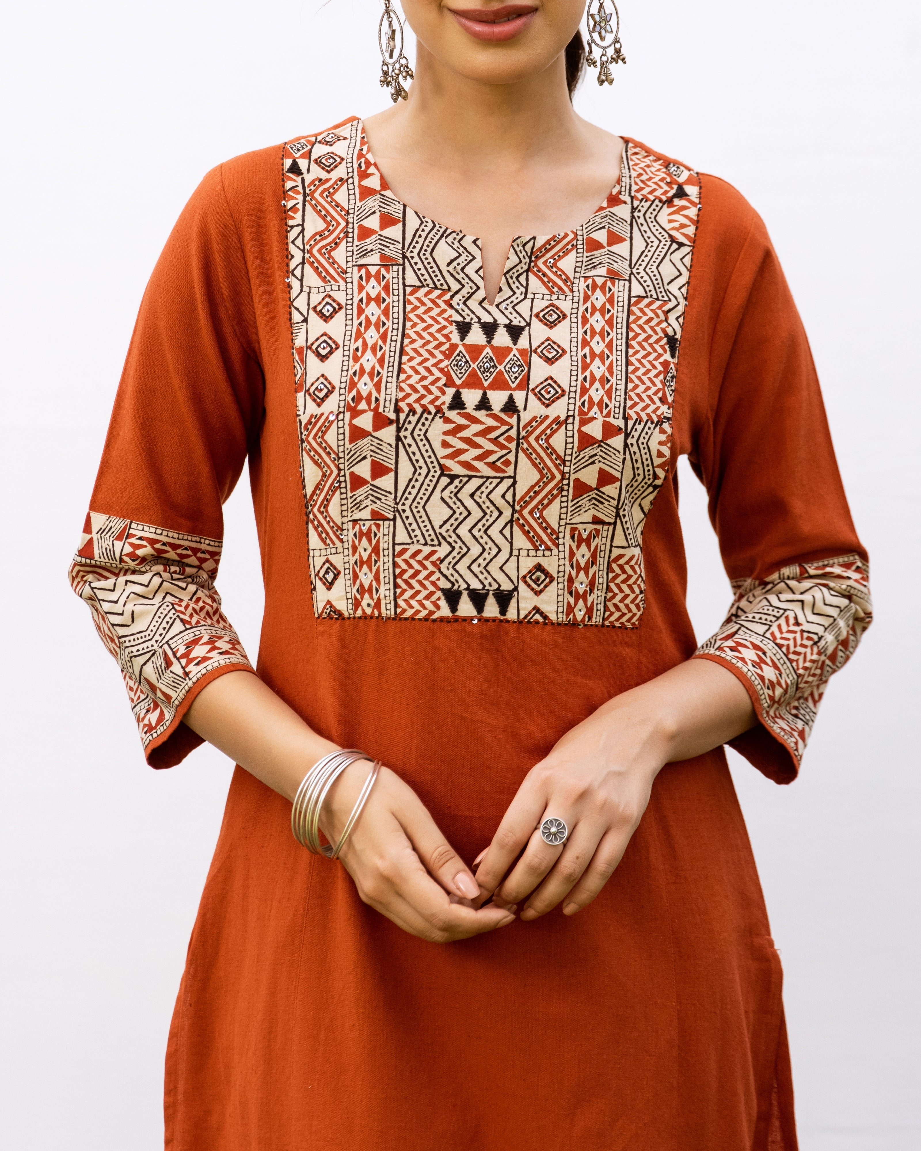 Rust Cotton Flax Round With V-Neck Kurta For Women's