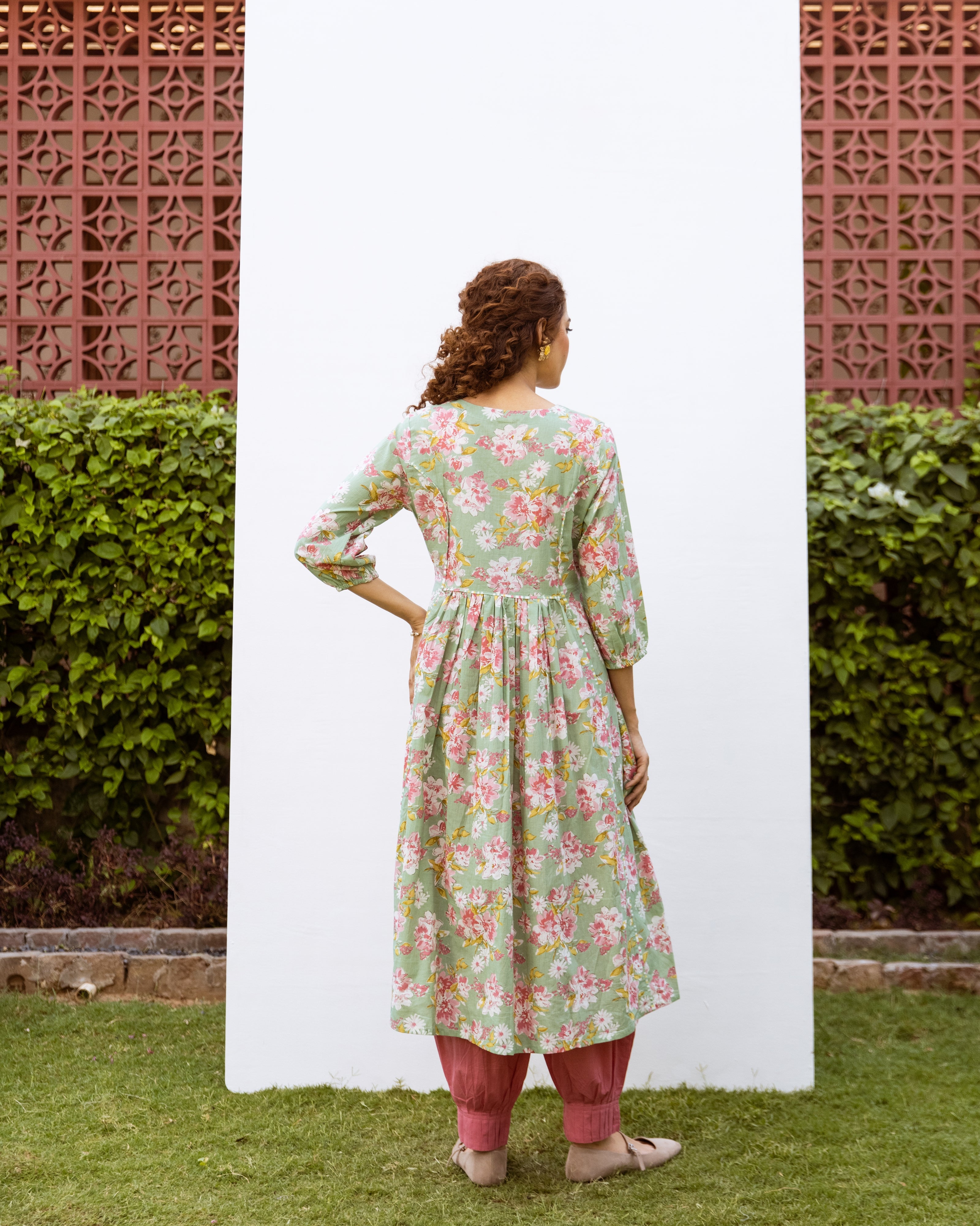 Light Green Cotton Round Floral Print  A Line Kurta For Women's