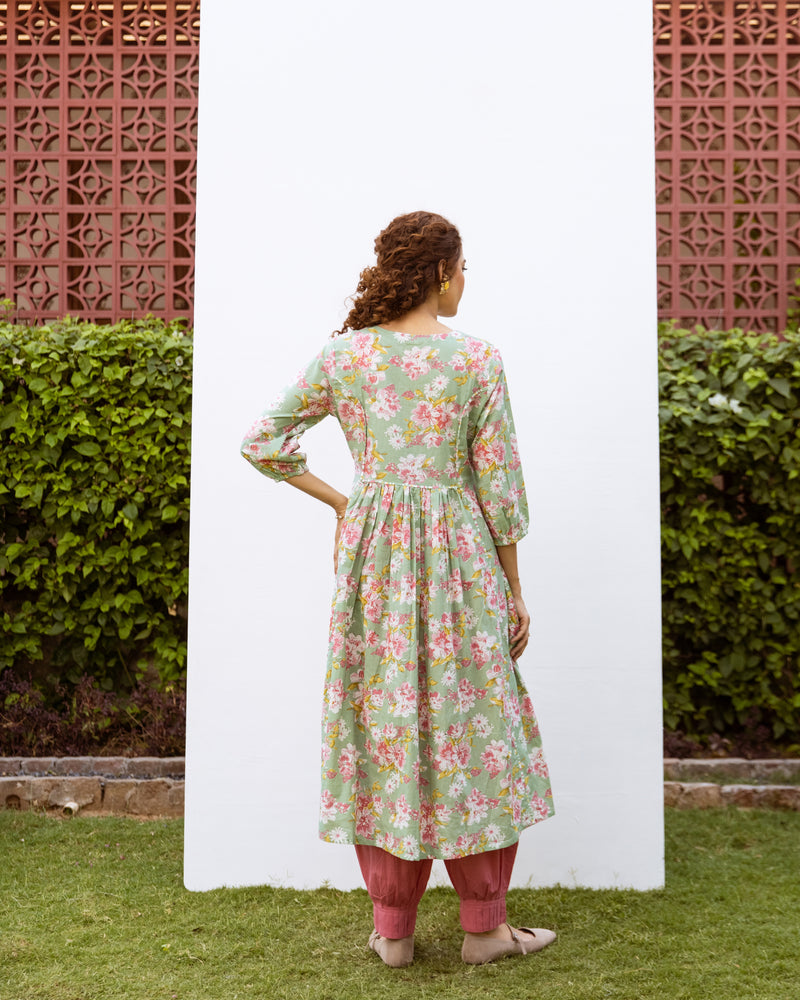 Light Green Cotton Round Floral Print  A Line Kurta For Women's
