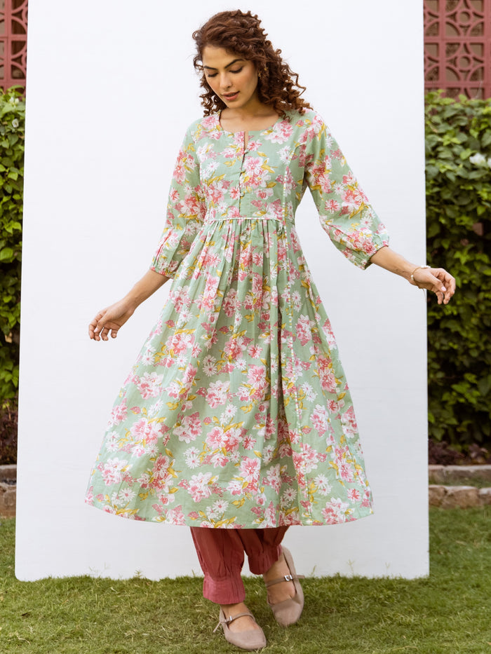 Light Green Cotton Round Floral Print  A Line Kurta For Women's