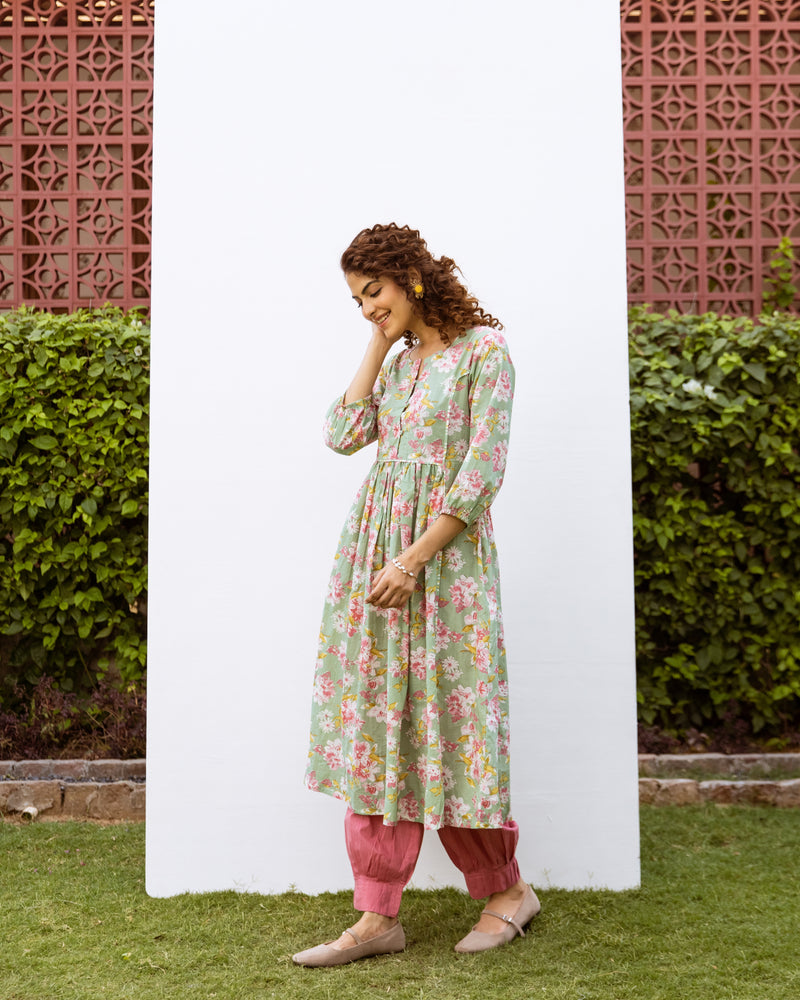 Light Green Cotton Round Floral Print  A Line Kurta For Women's