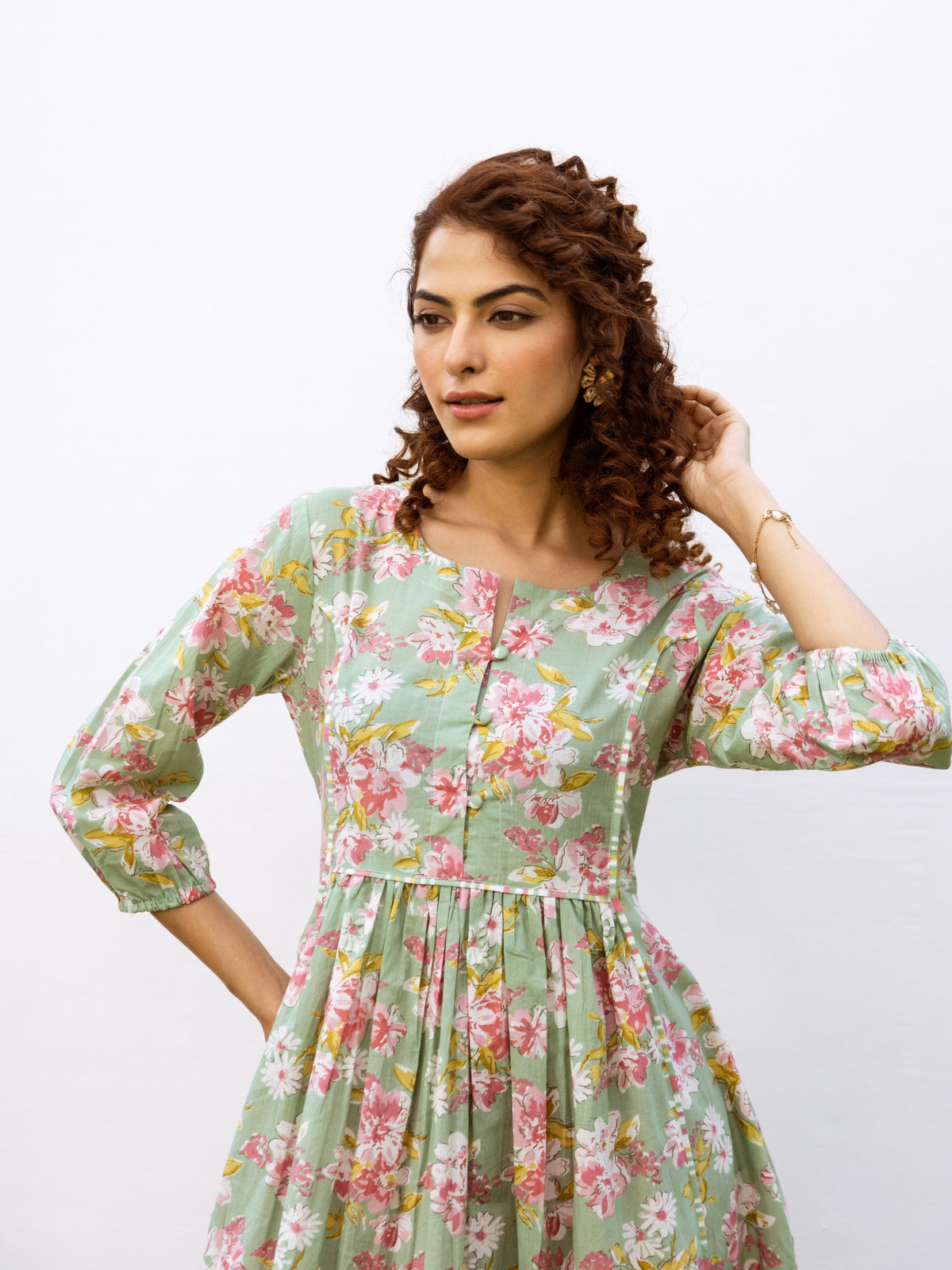 Light Green Cotton Round Floral Print  A Line Kurta For Women's