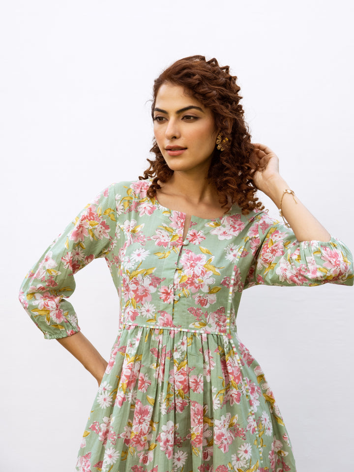 Light Green Cotton Round Floral Print  A Line Kurta For Women's