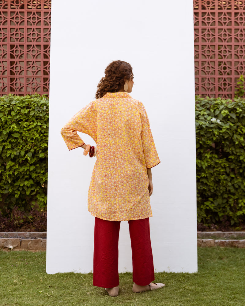 Yellow Cotton Collar Neck Short Kurta