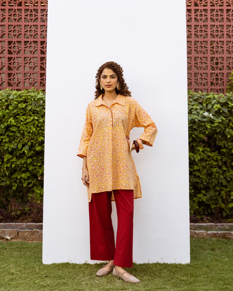 Yellow Cotton Collar Neck Short Kurta