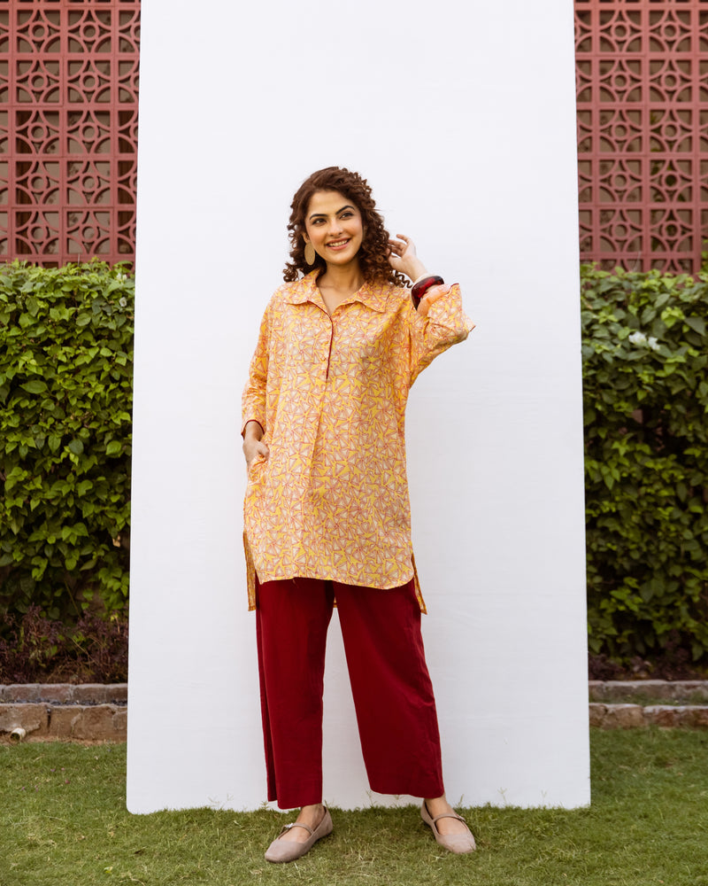 Yellow Cotton Collar Neck Short Kurta